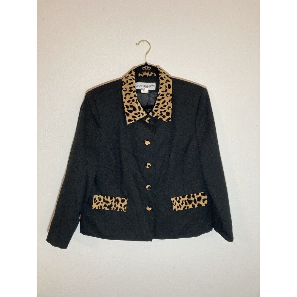 VTG Diane Robert’s Vintage Jacket Black With Cheetah Print Jacket Size 12H